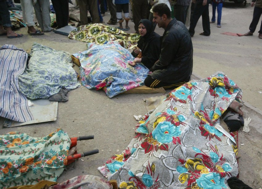 The bodies of bombing victims lie outside a hospital morgue in Baghdad's Sadr city